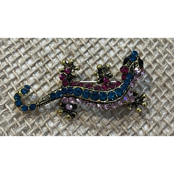 VTG Green Blue Rhinestone Brooch Pin Lizard Salamander A/B Gold Tone Whimsical - Picture 1 of 9